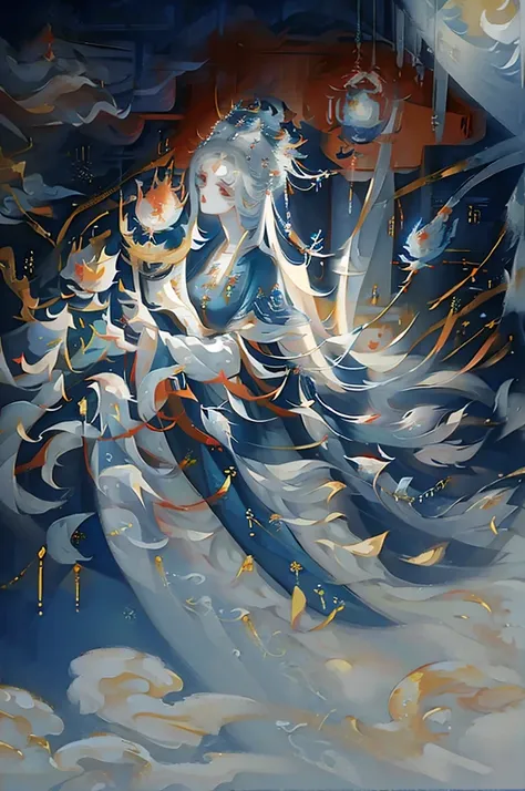 
painting of a woman in a white dress with a blue cape, flowing white robes, ancient chinese goddess, goddess of light, guanyin of the southern seas, queen of the sea mu yanling, a beautiful fantasy empress, of ethereal fantasy, astral ethereal, ((a beauti...