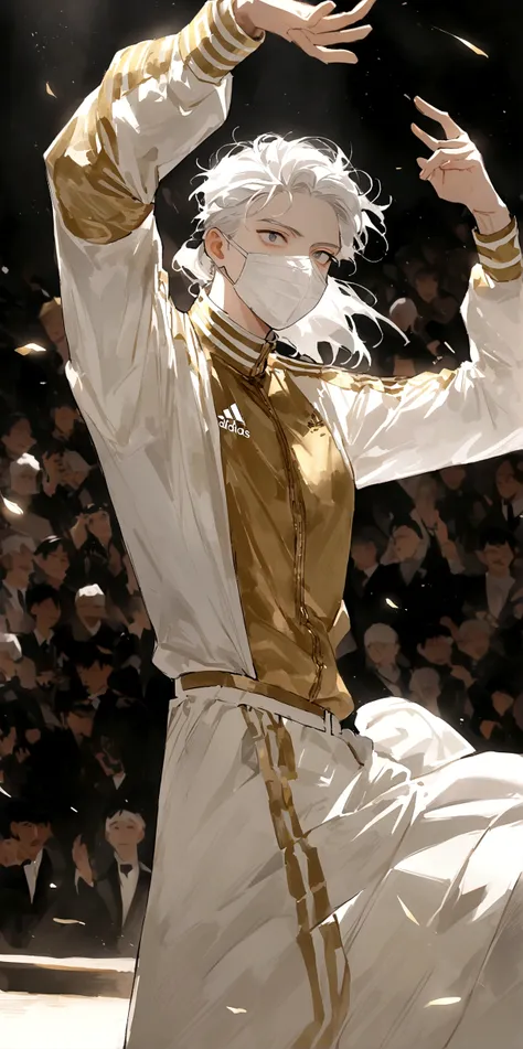 アニメ, masculine, best qualityer, stark, artwork,White hair, eye white,white and gold adidas outfit and white face mask, white and gold captain, dancing alone 