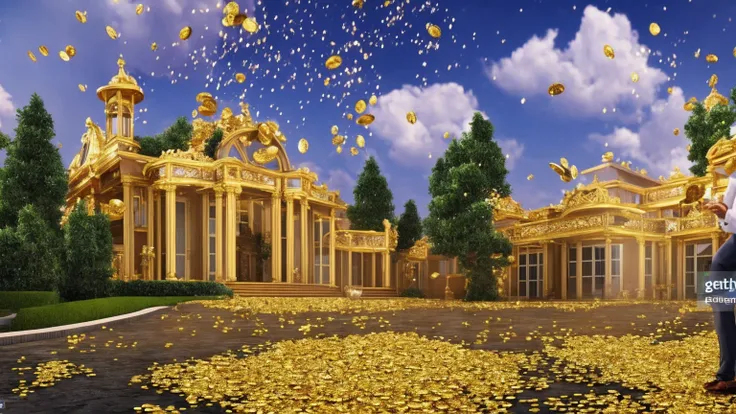 a man in front of a mansion full of gold coins falling from the sky, ultra detailed image, realism, 8k, hyper detailed skin, int...