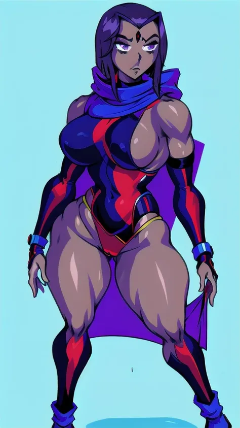 (full body), full body in image, full clothed, raven costume, full raven from teen titans, raven clothes, fusion of raven from teen titans and raven of dc comics, full woman, full body, long hair, female body, curvy body, thicc body, big thighs, voluptuous...