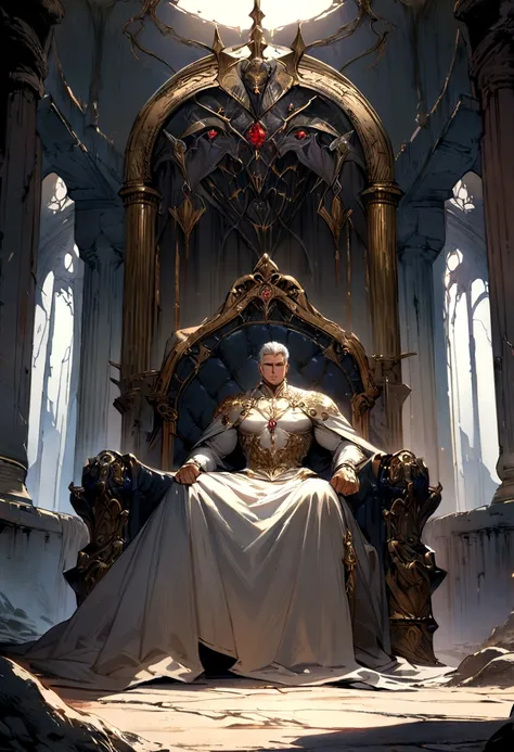 A white-haired, silver-eyed prince sits on a majestic throne inside an abandoned palace with crown. The environment around him is dark and gloomy, with cracks in the walls and cobwebs hanging there. The throne is ornate, with details in gold and precious s...