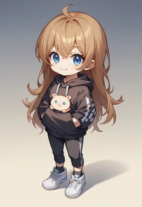 Chibi figurine, merch, girl, cute, pale skin, brown long hair, long bangs, blue eyes, black hoodie, black pants, black socks, white sneakers, smiling.