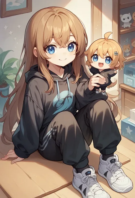 Chibi figurine, merch, girl, cute, pale skin, brown long hair, long bangs, blue eyes, black hoodie, black pants, black socks, white sneakers, smiling.