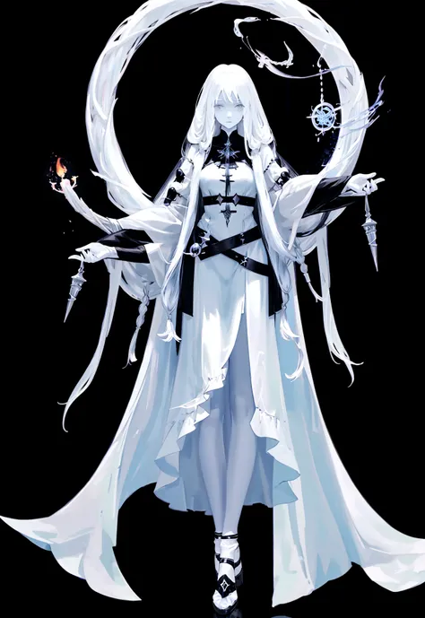 Character (normal skin tone) (adult woman) (white long hair) (white witch-style clothing) (character casting spell pose) (full body) (black background)