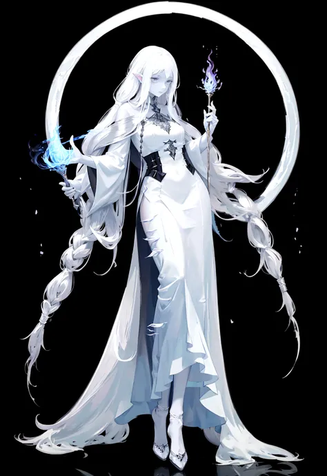 Character (normal skin tone) (adult woman) (white long hair) (white witch-style clothing) (character casting spell pose) (full body) (black background)