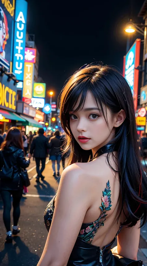 Some girls take selfies at food festivals, street, cyberpunk, city night, absurdres, highres, (ultra-detailed background, detailed back ground), extremly detailed, artist style, (Fashion:1.2), (zentangle:1.3), material effects, upper body, galaxy multicolo...