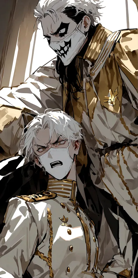 アニメ, masculine, best qualityer, stark, artwork,White hair, eye white,white and gold adidas outfit and white face mask, white and gold captain, angry 