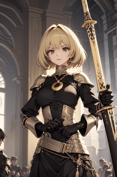 girl，Emerald eyes，Light gray top，Carrying a sword as tall as a man，Hands covered with gauntlets，Holding a saber in the right hand，There is a medal on the chest