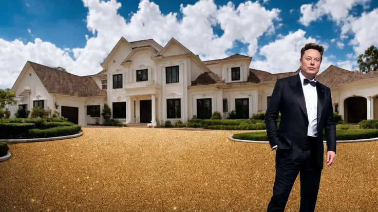 elon musk in front of a mansion full of gold coins falling from the sky, ultra detailed image, realism, 8k, hyper detailed skin,...