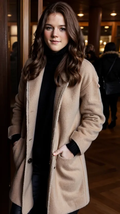 A young Caucasian woman with long brown hair wearing a beige coat, black turtleneck sweater, and beige pants