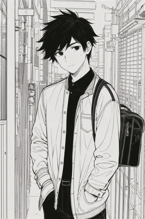 masterpiece, best quality, 1man, uniform, hand in pocket, school bag, black hair, black eyes,  cyberpunk, street,  monochrome, lineart