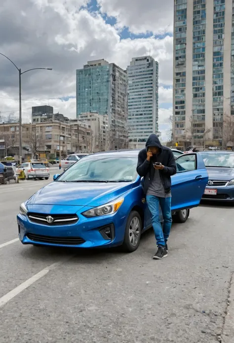 A modern urban scene, with a cloudy sky and tall buildings in the background. In the center of the image, a metallic blue car is parked by the side of the road with its hood open, indicating a breakdown. Beside the car, a casually dressed young man is on t...