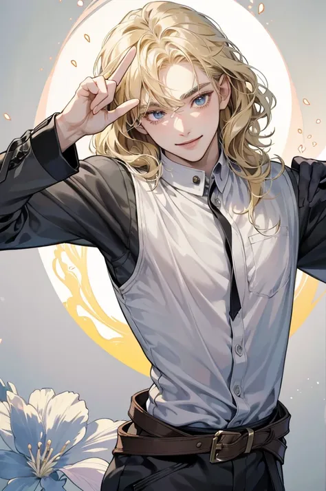 High quality masterpiece, super detailed, super emotion detailed, anime style, perfect face, clean eyes, Middle Ages, clean emotions, full body! A young man with blonde hair, in gray shirt, he is smiling with warm looking with love, looking at me, pale ski...