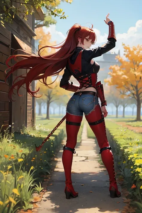 Create a full-body anime-style image of a 20-year-old human woman named Sylara Stormblade, seen from the back. She has long, straight red hair and an athletic build. Sylara is wearing studded armor on her upper body, tight dark blue jeans, and high red lac...