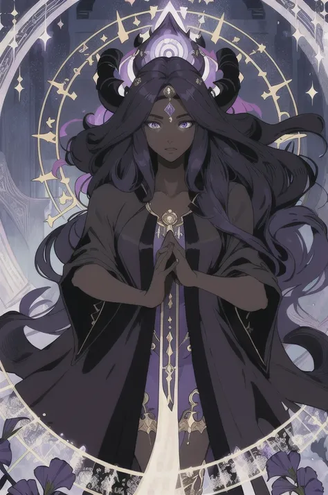 2 dark skinned girls, very detailed purple irises, wearing summoning robes, summoning circles, long hair, curled hair