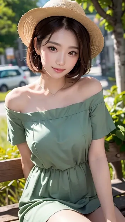 (8K、High resolution)、(masterpiece)、Highly detailed eyes、Highest quality、(From the waist up angle)、Sitting on a bench on a hill overlooking the sea、I wear a variety of caps、(Bob)、(With a smile)、(Realistic skin texture)、Korean Idols、Nogizaka Idol、Beautiful e...