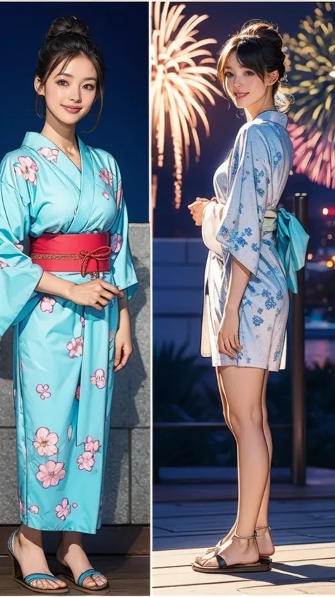 ((masterpiece)),(((Highest quality))),((Character design sheet)),A Japanese yukata with a bright floral and flower pattern in a combination of light blue and navy blue.:1.5，Stylish sandals:1.5，The best smile:1.5，Upper Body Shot:1.5，Night fireworks backgrou...