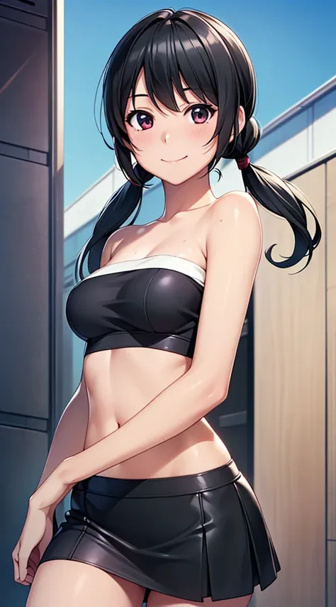 ((masterpiece, Highest quality, High resolution, Hmm, Pixel perfect, Depth of written boundary, 4K, RTX, HDR))), 1 Girl, single, alone, Beautiful Anime Girls, Beautiful art style, Sunburned skin, anime character,,(Black hair,,Low twin tails:1.5), (Smooth t...