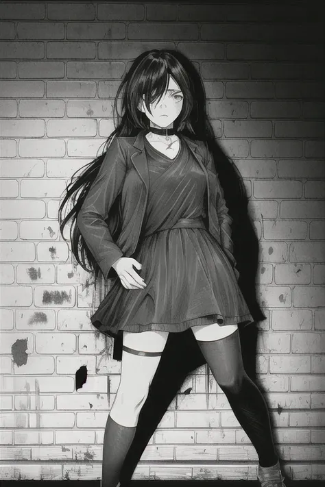 best quality, intricate details, lineart, monochrome,

1girl, long hair, black hair, messy hair, hair over one eye, sharp eyes, 

choker, shirt, torn legwear, open jacket, 

against wall, brick wall, graffiti, dim lighting, alley

