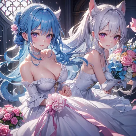 Sky blue hair, (One braided ponytail),(Pink Eyes),Fair skin ,(whole body),(One girl),bride,A big smile,Straight bangs, 6月のbride,Wedding dress,(masterpiece, Highest quality, Very detailed, Best Shadow), (Detailed Background), (Beautifully detailed face), Hi...