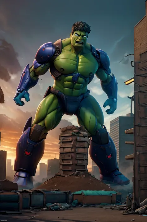 hulk robot, angry expression, rusty muscular body, city background, sci-fi, digital art, hyperrealistic, cinematic lighting, dramatic angles, striking poses, vibrant colors, chiaroscuro, gritty, dystopian, highly detailed, 8k, photorealistic, unreal engine...