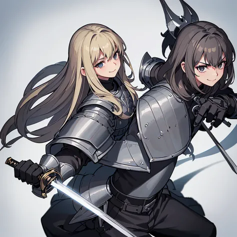 (((Solo)))、Highest quality, Best Quality、、Best illustrations、(Full body character concept、detailed)、(((Simple grey armor、Black trousers、Black gloves))、(woman、18-year-old)、(Blonde、Long Hair)、(((Grab the sword)))、Dramatic Angle、(White background)、(From above...