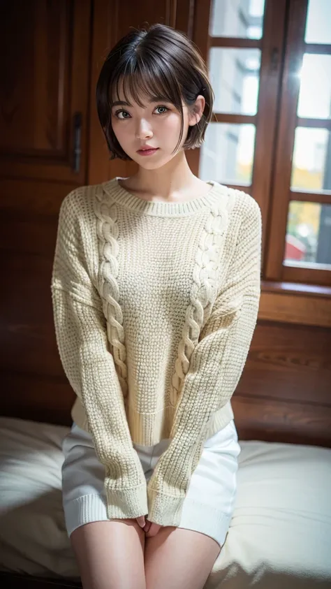 Nikon RAW photo,8 k, Fujifilm XT3,masterpiece, best quality, realistic, photorealistic, ultra detailed,1girl,nvshen, sweater, short hair,