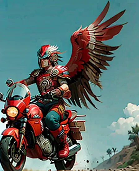 Aztec eagle warrior riding a red sports motorcycle saluting showing his plume and his hanging skulls and winged his sports motorcycle 