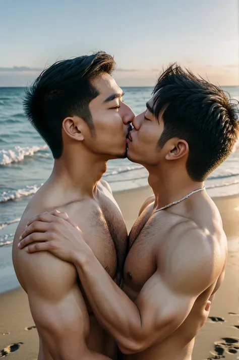 Gay asian couple kissing passionately at the beach