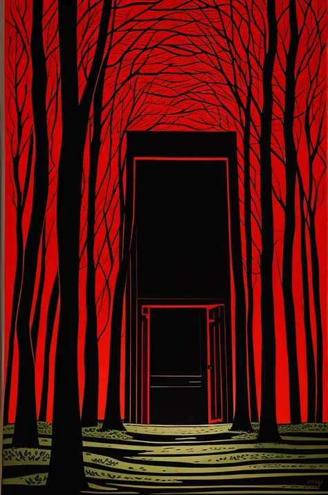 a painting of a door in a dark room with a bright red light coming out, tom hammick, surreal woodblock print, in a forest at night, by Raúl Martínez, by David Eugene Henry, by André Beauneveu, by Wolf Huber, by Zoran Mušič, jane newland, michael hutter