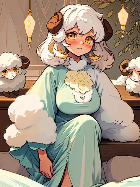 female, short white curly hair, long low-hanging lamb ears, fluffy fur lined short dress, curvy, shy, blush, fluffy socks, fair skin, sheep girl, yellow eyes, anime inspired, manga inspired, indoors, sitting on bed, soft lines, lamb girl, cute cartoon shee...