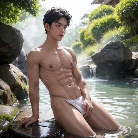 Cute face, black hair, Dear eyes, full body, Barefoot, Beautiful onsen scenery, 1 boy, glow, steam smoke, Japanese style, anime coloring, shy, Completely naked, just wearing a small, wet white cloth at her waist., White silk, On a Japanese onsen, fluffy ch...