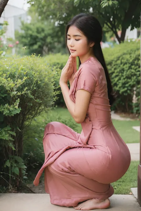 (realistic), (detailed), (accurate), burmese woman praying on her knees in a burmese  dress , rear view, tight dress, pink dress, yoga posture ,squatting