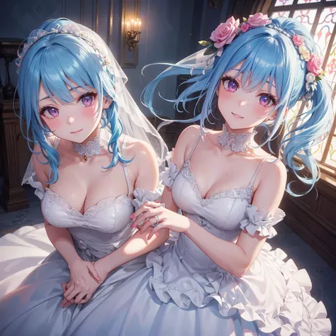 Sky blue hair, (One braided ponytail),(Pink Eyes),Fair skin ,(whole body),(One girl),bride,A big smile,Straight bangs, 6月のbride,Wedding dress,(masterpiece, Highest quality, Very detailed, Best Shadow), (Detailed Background), (Beautifully detailed face), Hi...