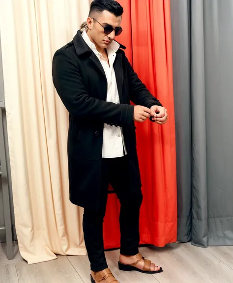 arafed man in a black greatcoat  and sunglasses standing in front of a curtain, parecendo muito legal e styledso, he is wearing an overcoat, tight black closed overcoat, wearing black jacket , black greatcoat, wearing a black jacket ,coat and suit, he is w...