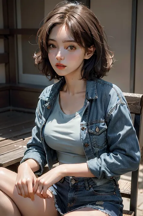 Highest quality, masterpiece, Ultra-high resolution, (Realistic:1.4), RAW Photos, One girl, Upper Body, Sitting, Deep Shadow, Dark Theme、Brown Bob Hair、Open Crop Jacket Solid Brown、Denim mini skirt and light blue top