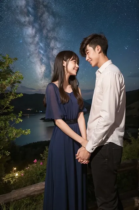 Couple in their 20s、Handsome、Long-haired beauty、Handsome、cute、milky way、Summer night sky、Holding hands、Standing on a hill