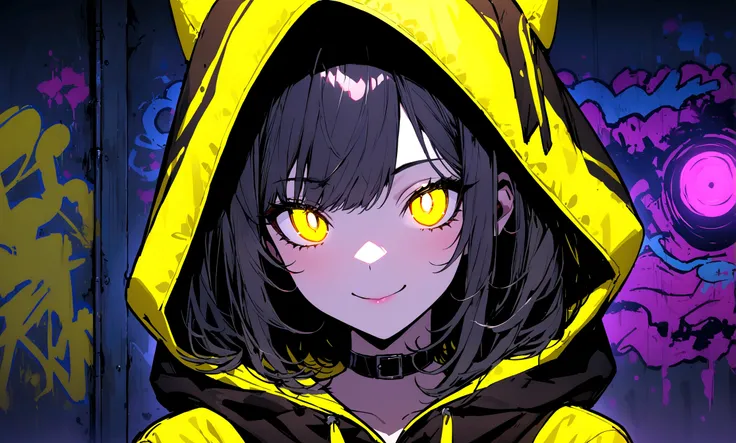 Detailed Background, masterpiece, Highest quality, smile, ornament, hoodie, Portraiture, Yellow Neon, graffiti, dark, night, Glowing Eyes, Black light