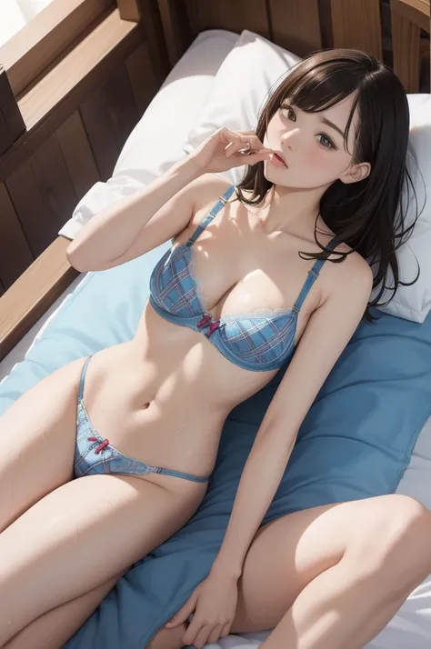 nsfw, The upper part of the body、an oil painting、​masterpiece、top-quality、hight resolution、Yellow medium hair、Sleeping in bed、Naughty look、((topless, show off breasts))、Button is disconnected、Black and light blue plaid panties、Bending legs、Female face、Hot ...