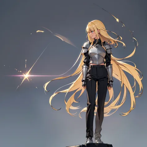 (((Solo)))、(Full body character concept)、Highest quality, Best Quality、(((Simple grey armor、Black trousers))、(woman、18-year-old)、(Blonde、Long Hair)、(Simple Background)、(smile、Embarrassed)、(From below)、Intense light、、meteor、Movement angle、(From the side、pro...