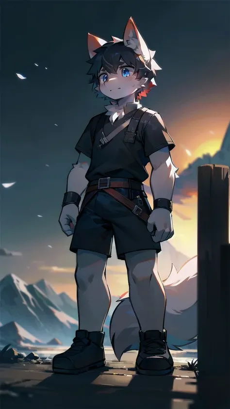 White Wolf，black hair，Sky blue eyes，hairy，Wolf ears，Wolf tail，Full body portrait，The character is in the center of the frame，Handsome，Confident eye***but，juvenile，Black and white combat uniform，Red neck bib，Black shorts，Short sleeve，hairy arms and legs，Dar...