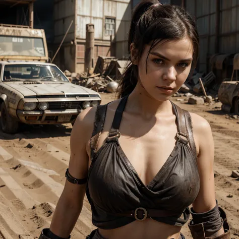 generate a 21 years old young white woman with dark brown ponytail hairstyle, wearing a post-apocalyptic outfit inspired by the movie Furiosa: A Mad Max Saga