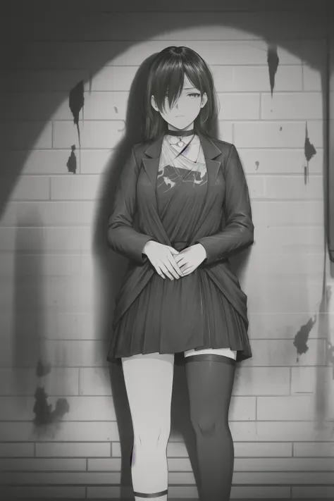 best quality, intricate details, lineart, monochrome,

1girl, long hair, black hair, messy hair, hair over one eye, sharp eyes, 

choker, shirt, torn legwear, open jacket, 

against wall, brick wall, graffiti, dim lighting, alley

