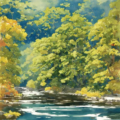 {{A ((vivid and detailed)) depiction of {((a realistic watercolor landscape))}}} with {((lush greenery, a serene river, and a clear blue sky))}. This is a {((photorealistic))}-inspired image that showcases {((the beauty of nature in stunning detail))}. The...