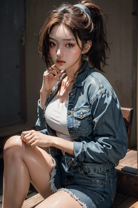 Highest quality, masterpiece, Ultra-high resolution, (Realistic:1.4), RAW Photos, One girl, Upper Body, Sitting, Deep Shadow, Dark Theme、Brown Bob Hair、Brown Ponytail、White Jacket Solid、Denim mini skirt and denim top light blue