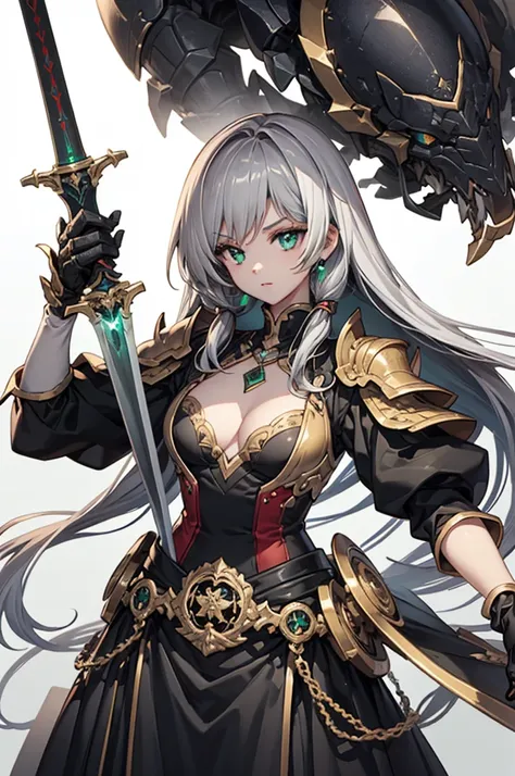 One girl，Emerald eyes，Light gray top，Carrying a giant sword as tall as a person，Hands covered with gauntlets，Holding a long knife in the right hand，There is a medal on the chest