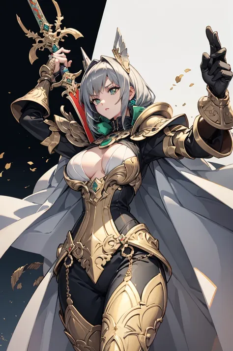 One girl，Emerald eyes，Light gray top，Carrying a giant sword as tall as a person，Hands covered with gauntlets，Holding a long knife in the right hand，There is a medal on the chest