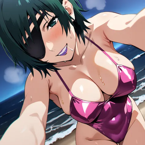 himeno, Himeno(Chainsaw Man), mature female, mature, Adult, 1girl, black hair, short hair, eyepatch, solo, Grin, chest, View your audience, Seductive smile, steam, breath, sweat, drooling, nsfw, Beach, Night, Latex pink leotard, dramatic angle, unique pers...