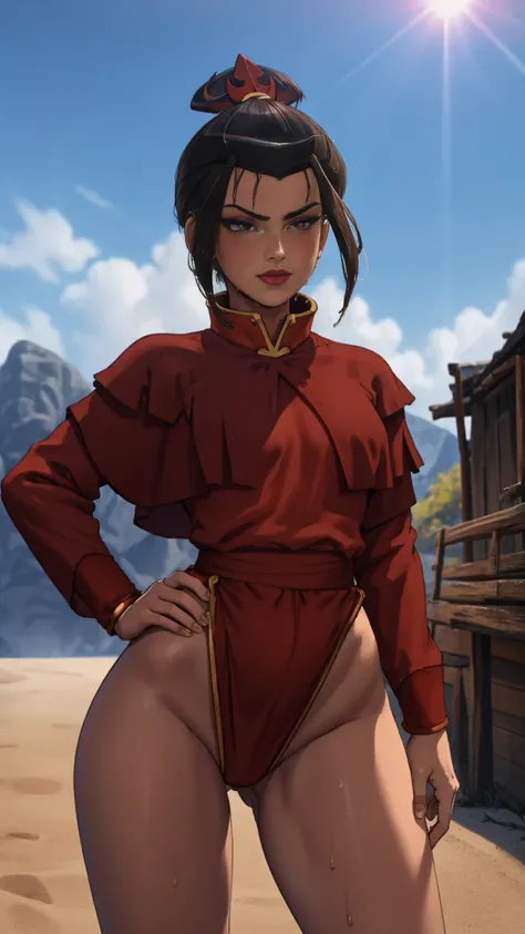 Beautiful, Masterpiece, Best Quality, extremely detailed face, perfect  lighting, Cowboy shot, 1girl, Azula, the perfect body, taut clothes, seductive, pomade, makeup, looking a viewer, wide thighs, Очень детализированное Beautiful лицо и глаза, Beautiful ...