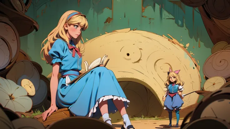 make an illustration that represents the first chapter of Alice in Wonderland, make Alice blonde